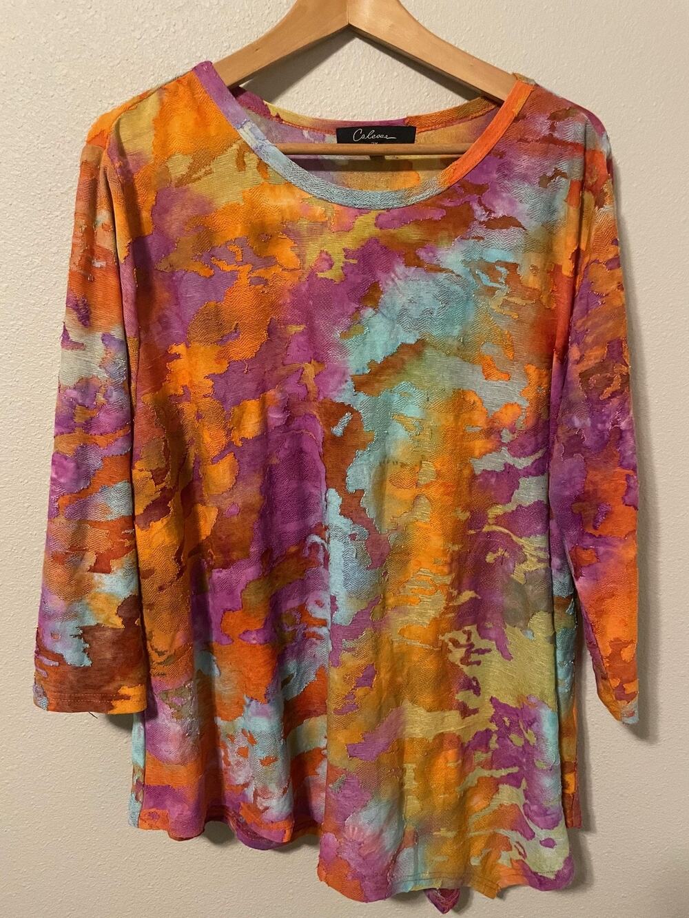 Calessa Tunic Top Womens 2X Multicolor Abstract 3/4 Sleeve Stretch Boho Artsy